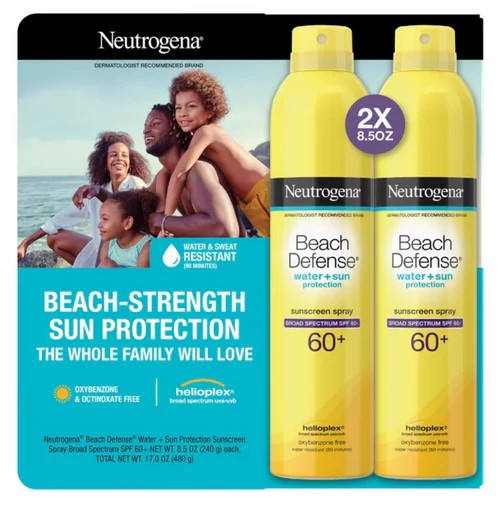 Neutrogena Beach Defense Water + Sun Protection Sunscreen Spray, SPF 60+, 2 pack 8.5 oz each