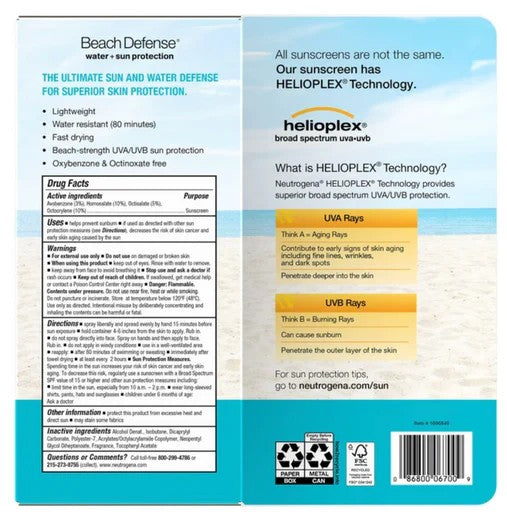 Neutrogena Beach Defense Water + Sun Protection Sunscreen Spray, SPF 60+, 2 pack 8.5 oz each
