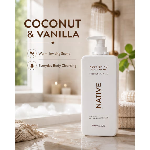 Native Nourishing Body Wash, Coconut & Vanilla, Sulfate Free & Paraben Free, 34 fl oz, 2 Pack (68 fl oz Total)