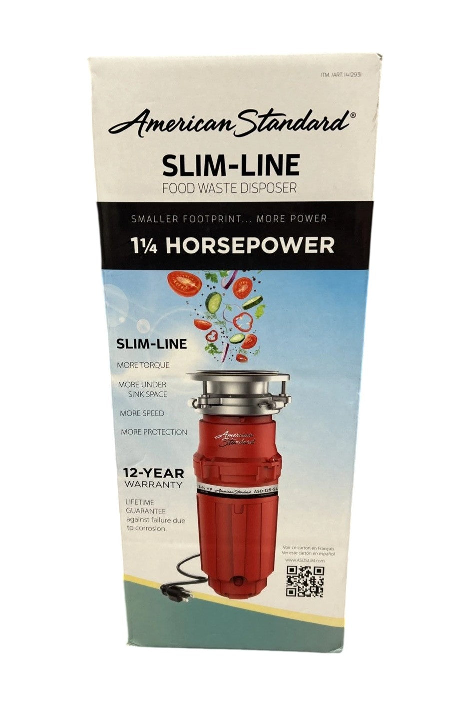 American Standard Slim-Line food waste disposer packaging on a white background