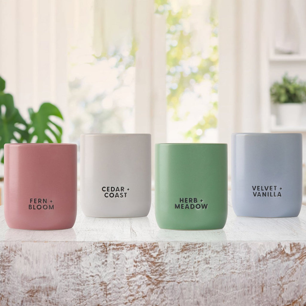 Four scented candles in matte ceramic cups are lined up on a rustic white wooden surface. The candles are in pink, white, sage green, and light blue, with black text labeling their scents: Fern + Bloom, Cedar + Coast, Herb + Meadow, and Velvet + Vanilla.