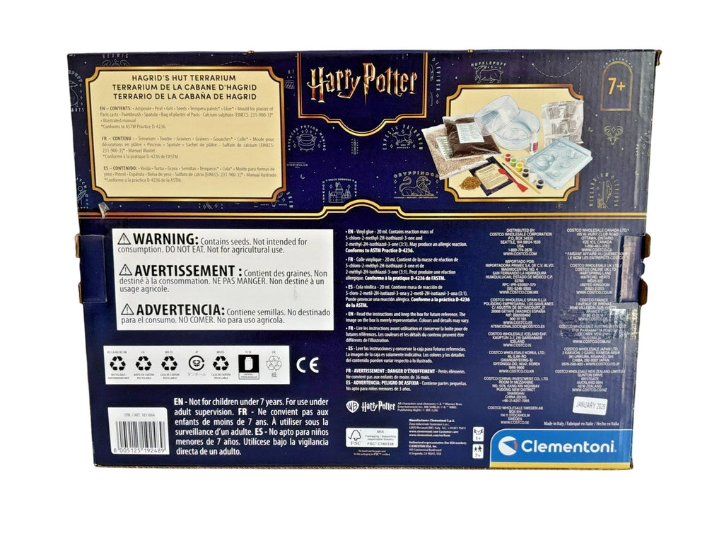 The back of a Clementoni Harry Potter Magic: The Gathering card game box, featuring product warnings, instructions, and illustrations on a dark blue background.