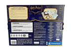 The back of a Clementoni Harry Potter Magic: The Gathering card game box, featuring product warnings, instructions, and illustrations on a dark blue background.