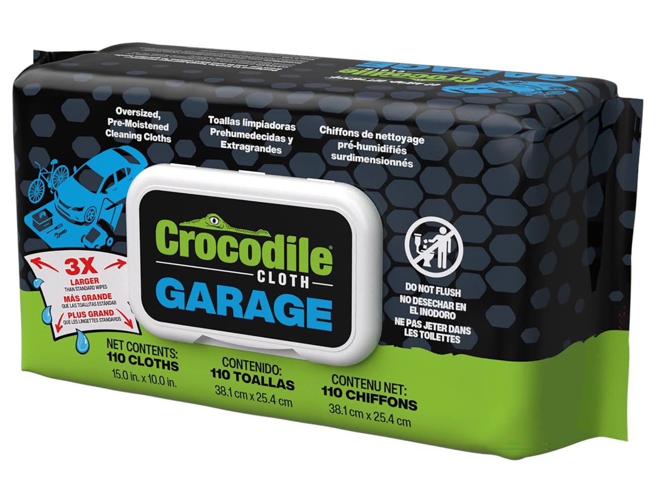 Pack of Crocodile Cloth Garage cleaning cloths with packaging details.