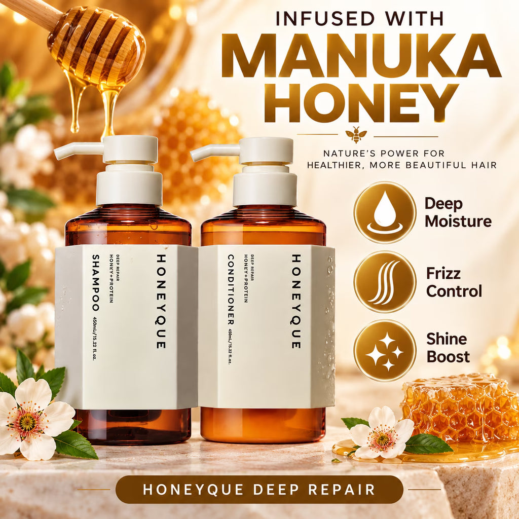 HONEYQUEs Japanese Salon-Quality Sulfate-Free, Frizz Control, Hydrating for Dry Damaged Hair Deep Repair Honey Collogen Moist Shampoo & Conditioner Set (450ml / 15.2 fl oz Each)