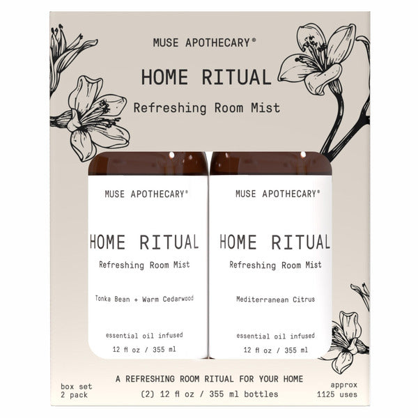 Muse Apothecary Home Ritual Refreshing Room Mist packaging with two bottles and floral illustrations.
