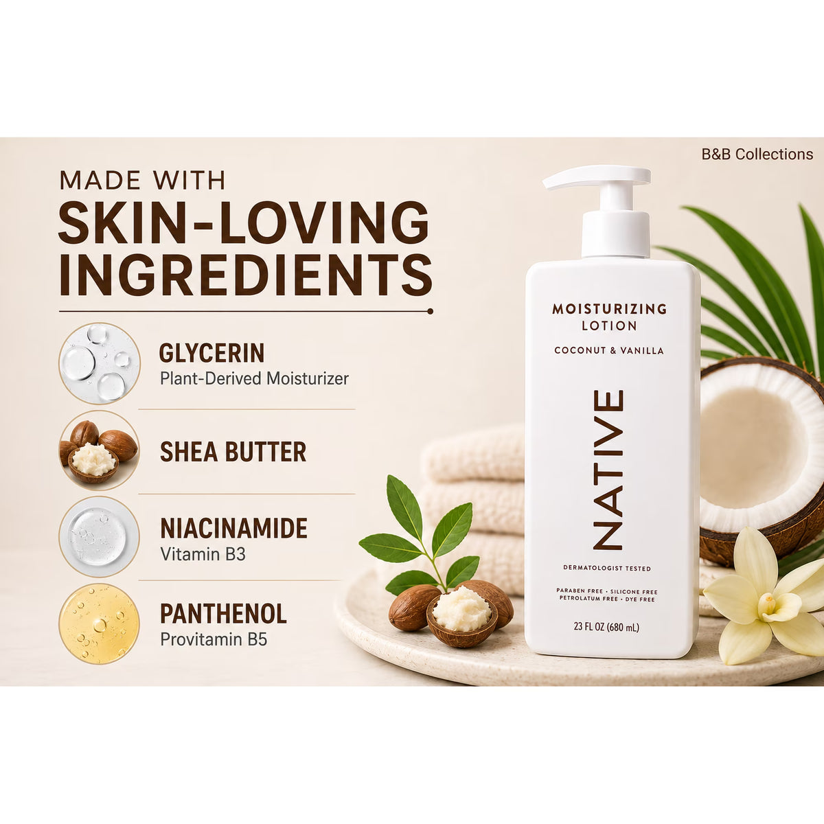 Natives Moisturizing Lotions Coconut & Vanilla, 23 fl oz, Plant-Based Moisturizers with Shea Butter & Niacinamide, Hand & Body Lotion, 2 Pack
