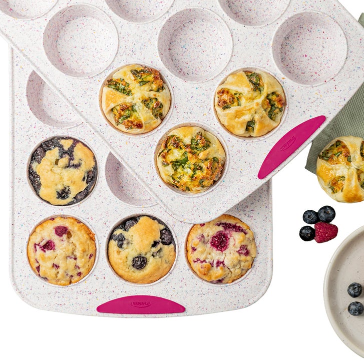 Trudeau Reinforced Structured Silicone Muffin Pan 2 Pack, 12-Cup, Confetti/Fuchsia – Hybrid Silicone & Hard Lining for Shape Retention, Non-Stick, Dishwasher Safe, BPA-Free Bakeware for Muffins & Cupcakes