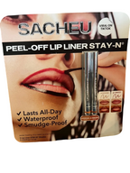 SACHEU peel-off lip liner packaging with a model applying the product.