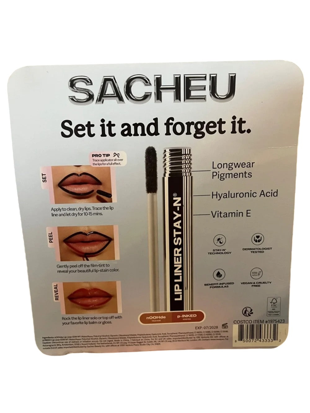 SACHEU lip liner packaging with product details on a white background