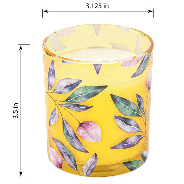 Yellow candle with leaf pattern and dimensions displayed