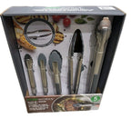 Boxed set of Five Works kitchen utensils with tongs and spatulas on a white background
