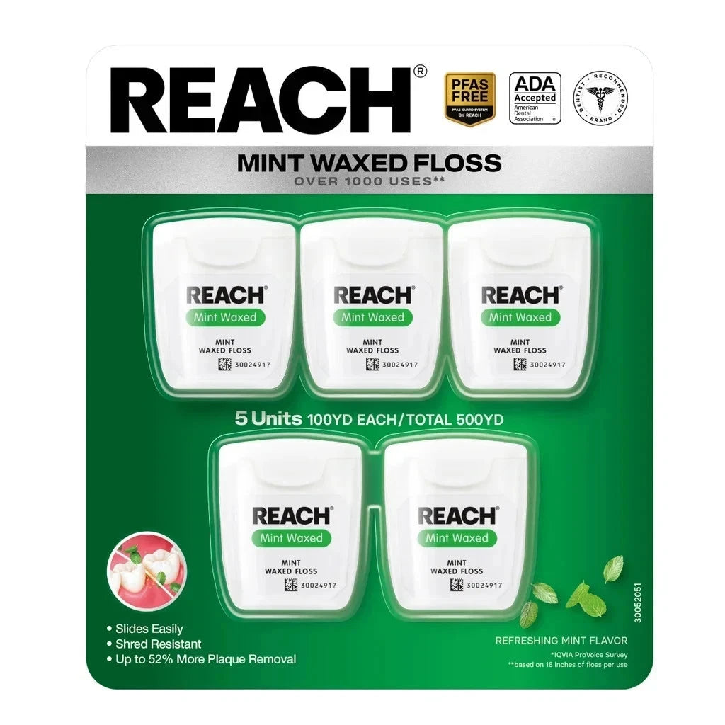 Packaging of Reach mint waxed floss with branding and product details on a white background.
