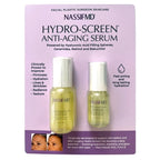 NassifMD Hydro-Screen Anti-Aging Serum packaging with two serum bottles on a purple background.