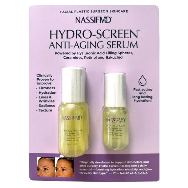 NassifMD Hydro-Screen Anti-Aging Serum packaging with two serum bottles on a purple background.