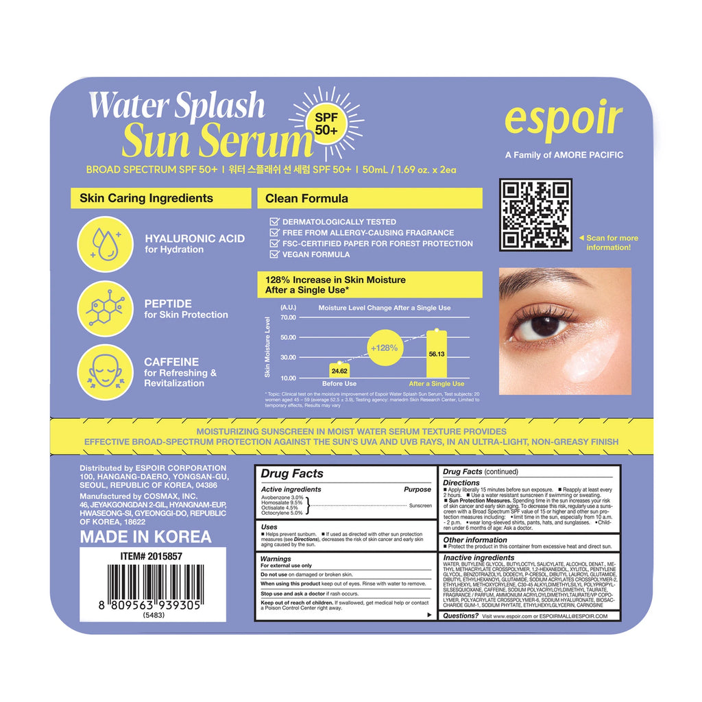 Espoir Water Splash Sun Serum SPF50+│3,000ppm Caffeine for Reducing Puffiness, Enhancing Skin Elasticity, Non-Oily Hydrating Sunscreen,Vegan,Beach Essentials, Clear Sunscreen, 2 pk,1.69 Fl Oz. x 2 ea