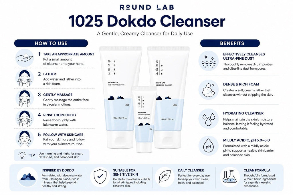 Round Lab 1025 Dokdo Cleanser Low pH Moisturizing Facial Cleanser Kit of 2 150ml + 1 40ml
