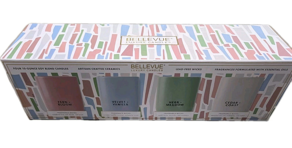 Bellevue Luxury Candles four 10-ounce soy blend candles in a decorative box with a multicolor geometric pattern and four visible candle color windows.