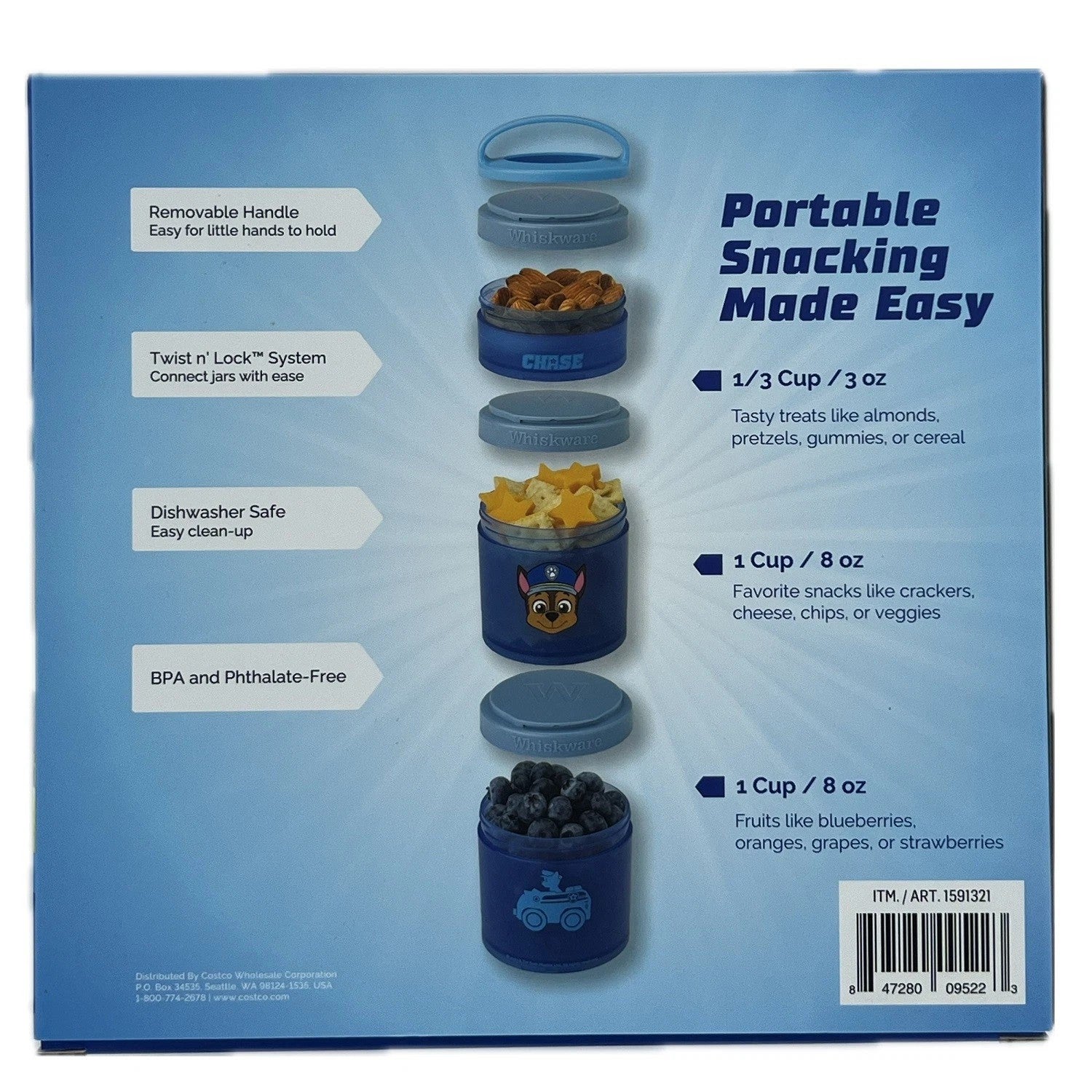 Whiskware Paw Patrol Snack stack, Marshall, Chase, Skye, Dishwasher Safe, 19 Oz Storage Size 3 pack