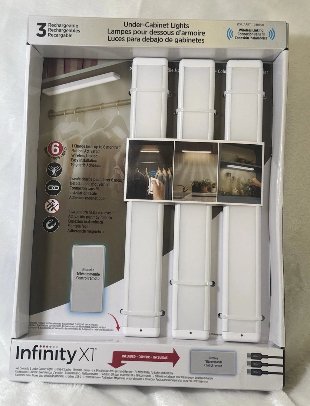 Packaging of Infinity XT under-cabinet lights with images and text on a white background