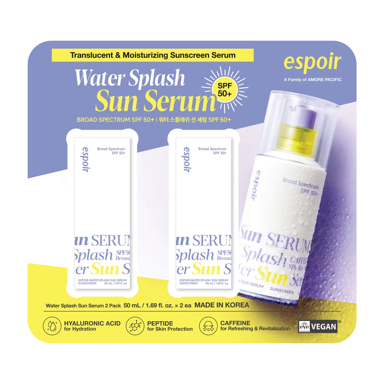 Espoir Water Splash Sun Serum SPF50+│3,000ppm Caffeine for Reducing Puffiness, Enhancing Skin Elasticity, Non-Oily Hydrating Sunscreen,Vegan,Beach Essentials, Clear Sunscreen, 2 pk,1.69 Fl Oz. x 2 ea