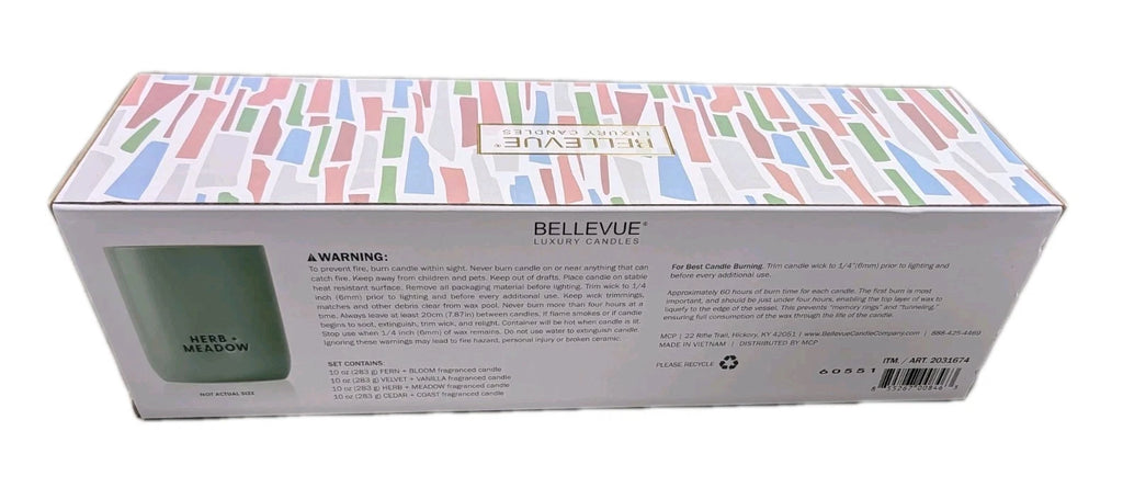Bellevue Luxury Candles, Artisan Crafted Ceramics, Lead Free Wicks, Essential Oils, Fern + Bloom, Velvet + Vanilla, Herb + Meadow, Cedar + Coast, 10 oz 4 pack