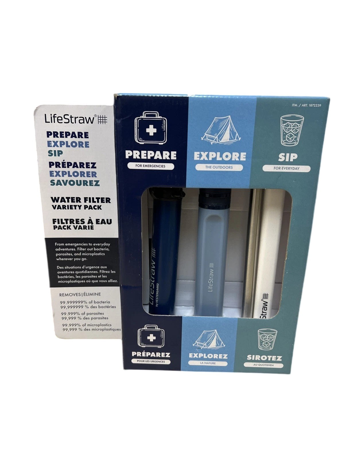 LifeStraw water filter variety pack in packaging with descriptive text on a white background