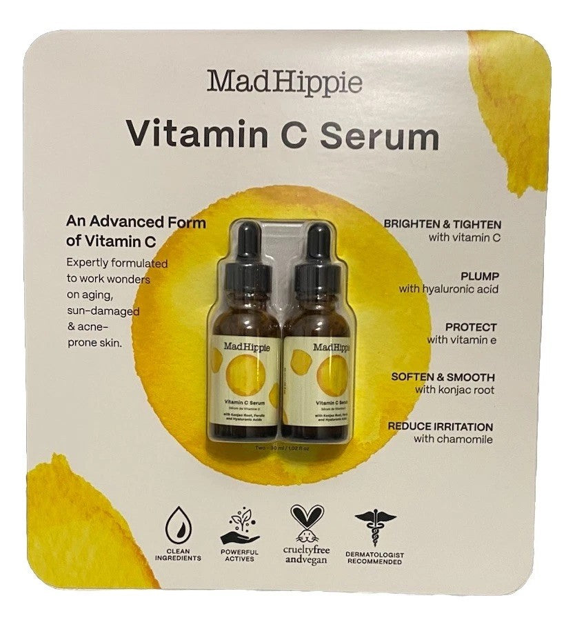 Mad Hippie Vitamin C Serum for Face 2-Pack – C + E + Ferulic Acid, Hyaluronic Acid, Stable Low-Irritation Formula, Brightening, 1.02 Fl Oz Ea