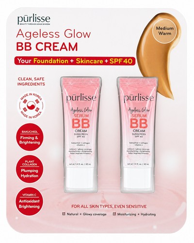 Purlisse Ageless Glow BB Cream packaging with two tubes and product information on a light pink background.