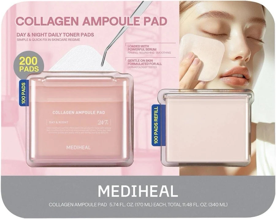 Collagen ampoule pad packaging with Mediheal branding on a pink background